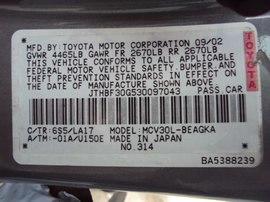 2003 LEXUS ES300 4 DOOR SEDAN 3.0L AT COLOR GRAY STK Z12334